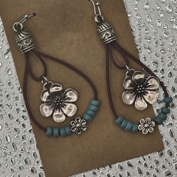 Silver Tone Turquoise Color Stones Floral Teardrop Earrings - Picture 4 of 4